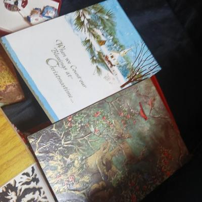 Christmas greenery, Wreath making twigs, cards, Vintage cute stickers, and a box of assorted ribbon