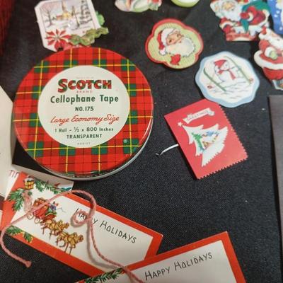 Christmas greenery, Wreath making twigs, cards, Vintage cute stickers, and a box of assorted ribbon