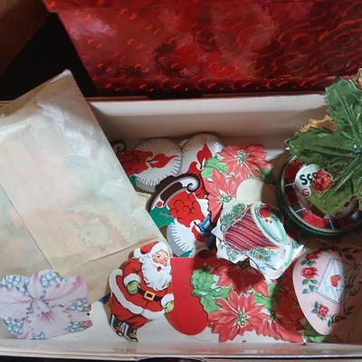 Christmas greenery, Wreath making twigs, cards, Vintage cute stickers, and a box of assorted ribbon
