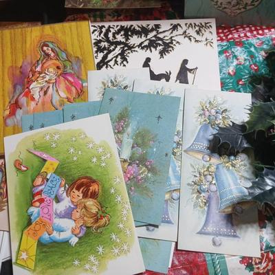 Christmas greenery, Wreath making twigs, cards, Vintage cute stickers, and a box of assorted ribbon