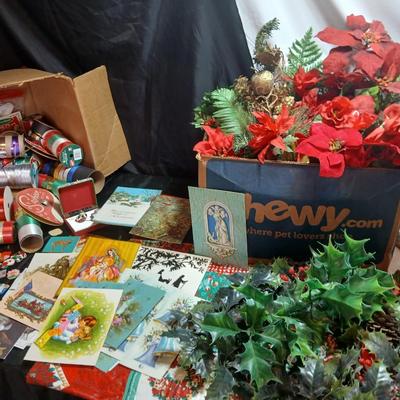 Christmas greenery, Wreath making twigs, cards, Vintage cute stickers, and a box of assorted ribbon