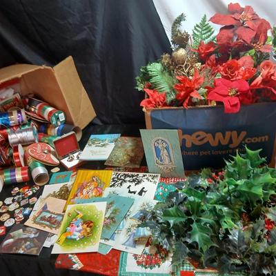 Christmas greenery, Wreath making twigs, cards, Vintage cute stickers, and a box of assorted ribbon