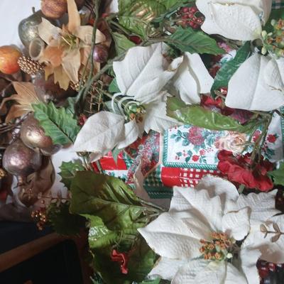 Christmas greenery, Wreath making twigs, cards, Vintage cute stickers, and a box of assorted ribbon