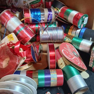 Christmas greenery, Wreath making twigs, cards, Vintage cute stickers, and a box of assorted ribbon