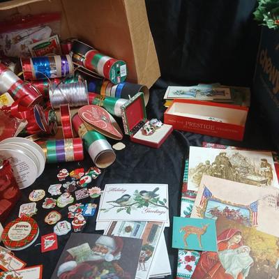Christmas greenery, Wreath making twigs, cards, Vintage cute stickers, and a box of assorted ribbon