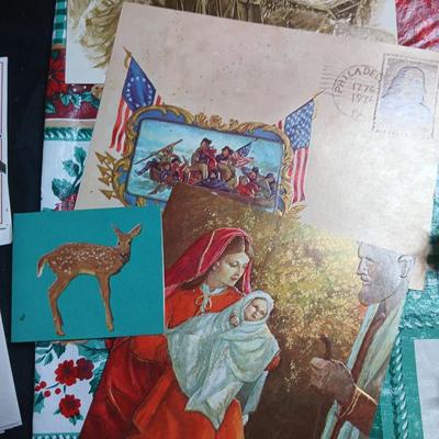 Christmas greenery, Wreath making twigs, cards, Vintage cute stickers, and a box of assorted ribbon