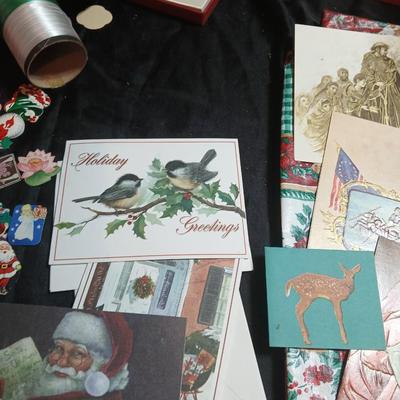 Christmas greenery, Wreath making twigs, cards, Vintage cute stickers, and a box of assorted ribbon