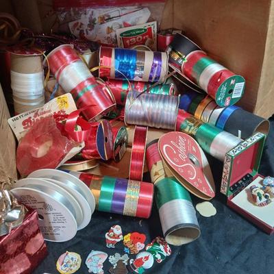 Christmas greenery, Wreath making twigs, cards, Vintage cute stickers, and a box of assorted ribbon