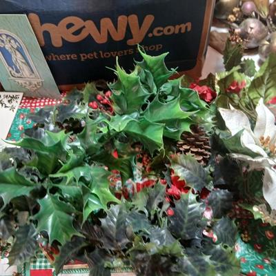 Christmas greenery, Wreath making twigs, cards, Vintage cute stickers, and a box of assorted ribbon