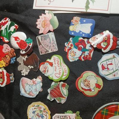 Christmas greenery, Wreath making twigs, cards, Vintage cute stickers, and a box of assorted ribbon