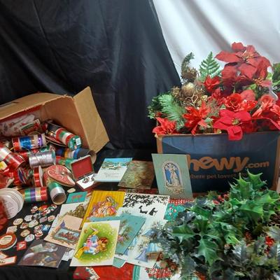 Christmas greenery, Wreath making twigs, cards, Vintage cute stickers, and a box of assorted ribbon