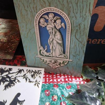 Christmas greenery, Wreath making twigs, cards, Vintage cute stickers, and a box of assorted ribbon