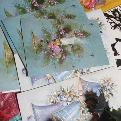 Christmas greenery, Wreath making twigs, cards, Vintage cute stickers, and a box of assorted ribbon