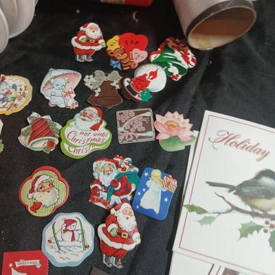 Christmas greenery, Wreath making twigs, cards, Vintage cute stickers, and a box of assorted ribbon