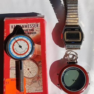 Vintage digital Timex watch, Timex stopwatch and a Kartenmesser opisometer made in Germany