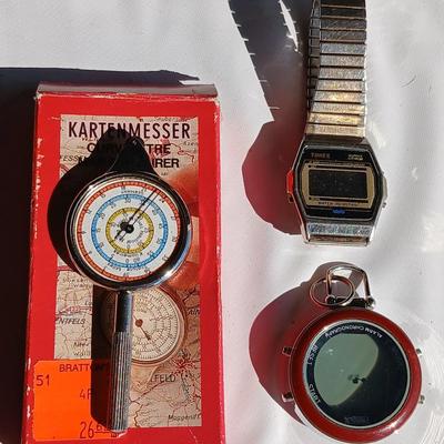 Vintage digital Timex watch, Timex stopwatch and a Kartenmesser opisometer made in Germany