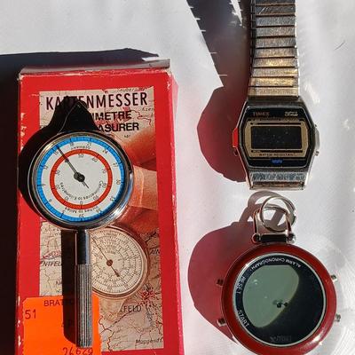 Vintage digital Timex watch, Timex stopwatch and a Kartenmesser opisometer made in Germany