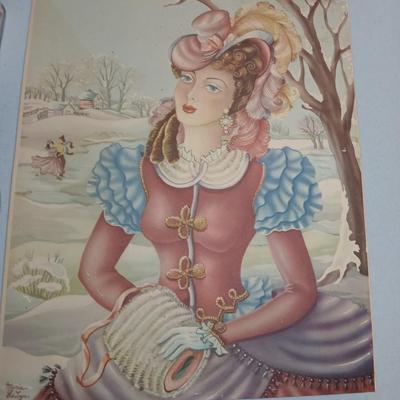 Rare "Winter Skate Southern Belle Air Brushed Lith" Donald Art Company, Inc- Convex wall art picture - and a vintage Nabisco Tin