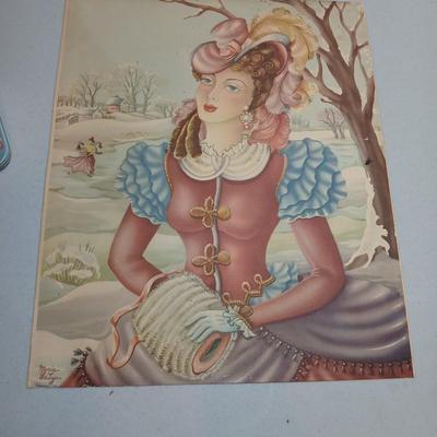 Rare "Winter Skate Southern Belle Air Brushed Lith" Donald Art Company, Inc- Convex wall art picture - and a vintage Nabisco Tin