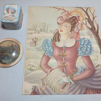 Rare "Winter Skate Southern Belle Air Brushed Lith" Donald Art Company, Inc- Convex wall art picture - and a vintage Nabisco Tin