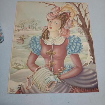 Rare "Winter Skate Southern Belle Air Brushed Lith" Donald Art Company, Inc- Convex wall art picture - and a vintage Nabisco Tin