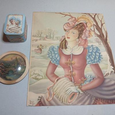 Rare "Winter Skate Southern Belle Air Brushed Lith" Donald Art Company, Inc- Convex wall art picture - and a vintage Nabisco Tin