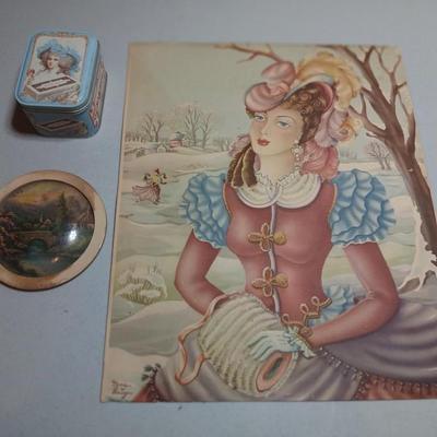 Rare "Winter Skate Southern Belle Air Brushed Lith" Donald Art Company, Inc- Convex wall art picture - and a vintage Nabisco Tin