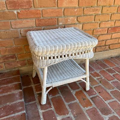 Vintage White Wicker Side Table with Lower Shelf