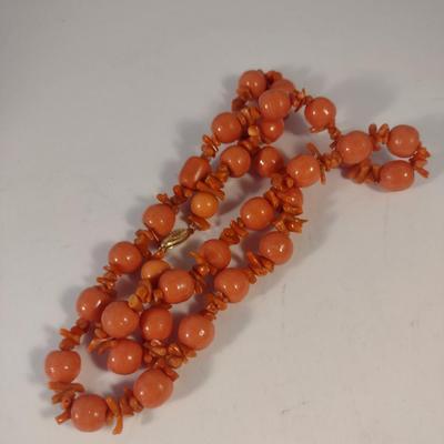 Sale Photo Thumbnail #1045: Hand Strung Red Coral and Bead Necklace with 14K Clasp- Approx 24" Long (#2)