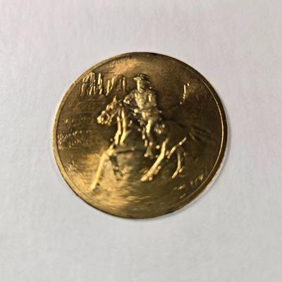 Sale Photo Thumbnail #118: This auction lot is for a Commemorative John Wayne Collector's Coin.  It is complete and has his history, certificate of authenticity and the coin.  The is coin is electroplated with 24 Karat Gold.  Registration number is JW 199065.  Where you gonna find 