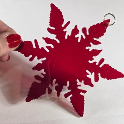 Sale Photo Thumbnail #128: This auction lot is for a Pair of Stained Glass Snowflakes. This is a beautiful Pair of Stained Glass Snowflakes.  They are hand-cut by a glass artist for the holidays.  The dark one is a great deep red and the white one has edges that are snowmen.  Both 