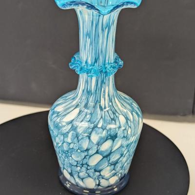 Sale Photo Thumbnail #993: Hand Blown Blue Splatter Art Glass w/ Ruffle Top