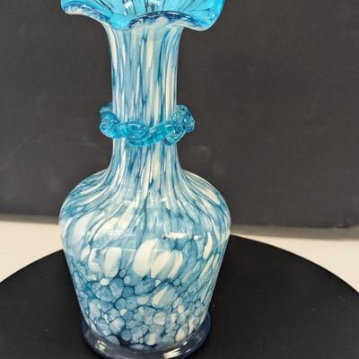 Sale Photo Thumbnail #995: Hand Blown Blue Splatter Art Glass w/ Ruffle Top