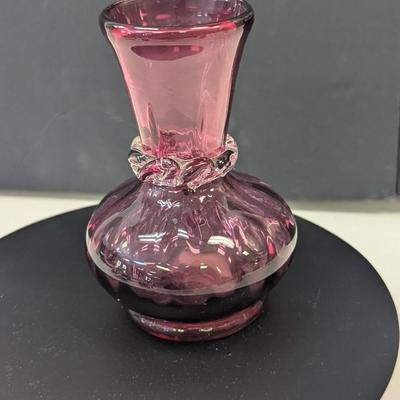 Sale Photo Thumbnail #1017: Hand Blown Cranberry Vase w/ Artist Mark On The Bottom