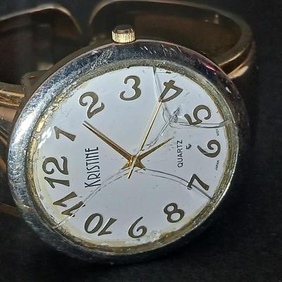 Two thick herringbone gold toned necklaces with two vintage watches one with gold electroplate Bulova band