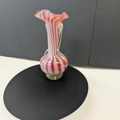 Sale Photo Thumbnail #1025: Murano Style Candy Striped Glass Vase w/ Applied Handles