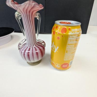 Sale Photo Thumbnail #1030: Murano Style Candy Striped Glass Vase w/ Applied Handles