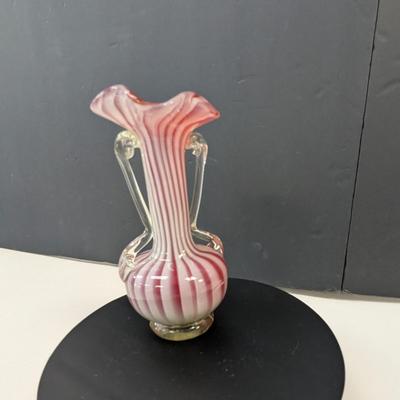 Sale Photo Thumbnail #1026: Murano Style Candy Striped Glass Vase w/ Applied Handles