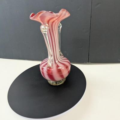 Sale Photo Thumbnail #1024: Murano Style Candy Striped Glass Vase w/ Applied Handles