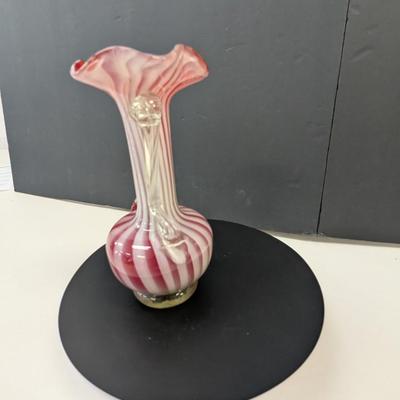 Sale Photo Thumbnail #1027: Murano Style Candy Striped Glass Vase w/ Applied Handles