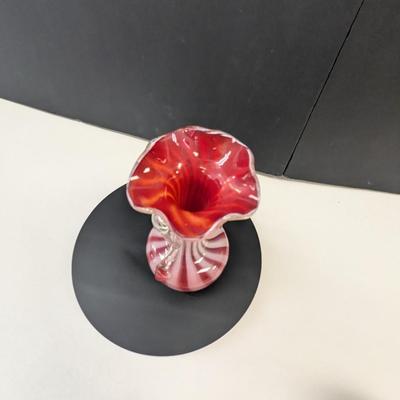 Sale Photo Thumbnail #1028: Murano Style Candy Striped Glass Vase w/ Applied Handles