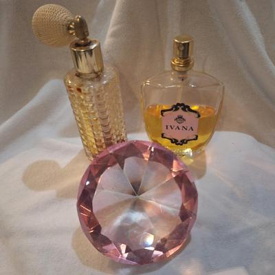 Sale Photo Thumbnail #156: Pink crystal "diamond" paperweight or décor and some perfume 