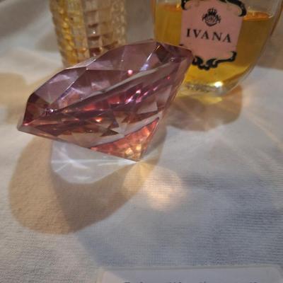 Sale Photo Thumbnail #158: Pink crystal "diamond" paperweight or décor and some perfume 