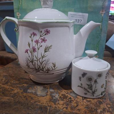Sale Photo Thumbnail #790: RB Bernarda teapot and sugar bowl,  made in Portugal- floral botanical series