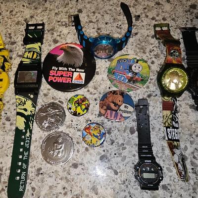 Sale Photo Thumbnail #188: Vintage Watch, Coin, Pin Lot | Star Wars, Powr Rangers Winston Racing, Jurassic Park, Marvel. Some watches will need batteries.
