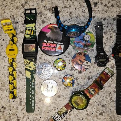 Sale Photo Thumbnail #187: Vintage Watch, Coin, Pin Lot | Star Wars, Powr Rangers Winston Racing, Jurassic Park, Marvel. Some watches will need batteries.