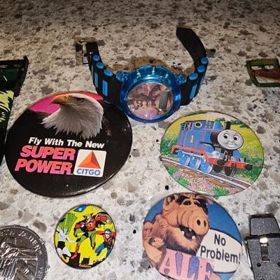 Sale Photo Thumbnail #186: Vintage Watch, Coin, Pin Lot | Star Wars, Powr Rangers Winston Racing, Jurassic Park, Marvel. Some watches will need batteries.