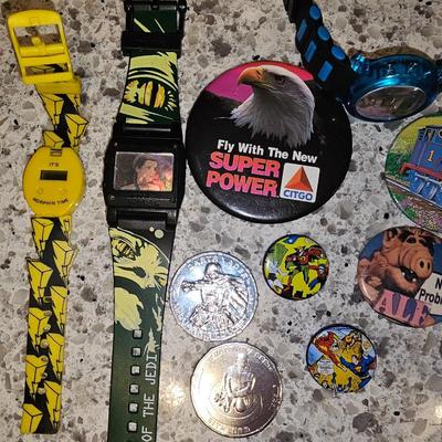 Sale Photo Thumbnail #189: Vintage Watch, Coin, Pin Lot | Star Wars, Powr Rangers Winston Racing, Jurassic Park, Marvel. Some watches will need batteries.