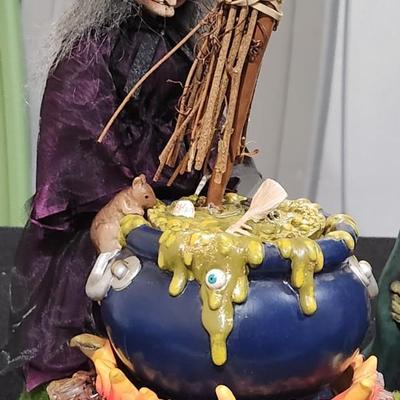 Sale Photo Thumbnail #248: Retro 12" Witch Couldron Animated Singing Monster Mash Working Vintage Peaktop & Plushie Lanky leg Witch plus Ceramic Old Witch Halloween