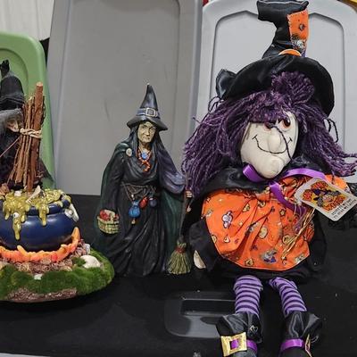 Sale Photo Thumbnail #247: Retro 12" Witch Couldron Animated Singing Monster Mash Working Vintage Peaktop & Plushie Lanky leg Witch plus Ceramic Old Witch Halloween